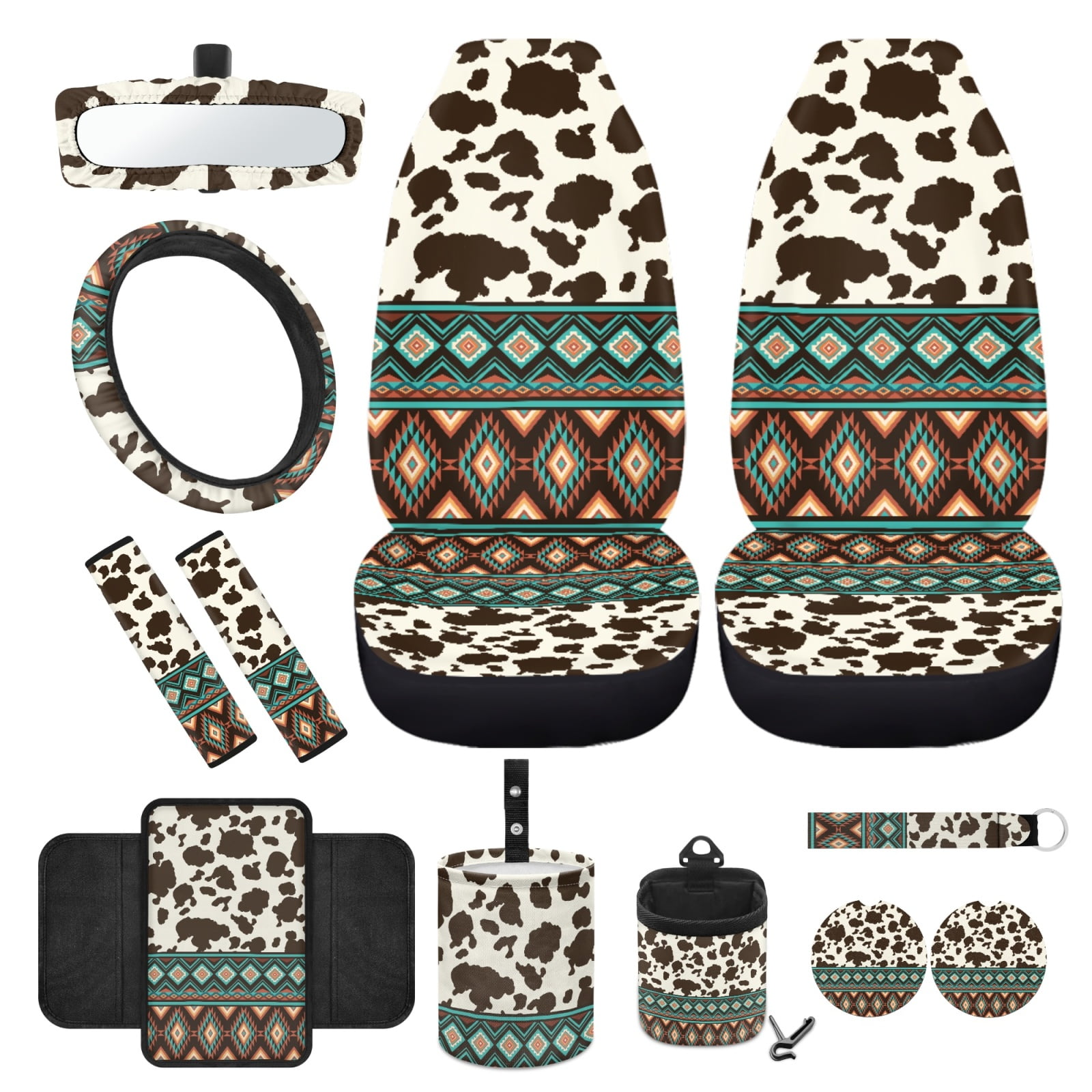 Yuyamidu Brown Cow Print Car Seat Cover Set with Steering Wheel Cover Aztec Seat Belt Pads Armrest Cover Garbage Can Aztec Air Vent Pouch Rearview Mirror Cover Coasters Keychain, 12 Pack