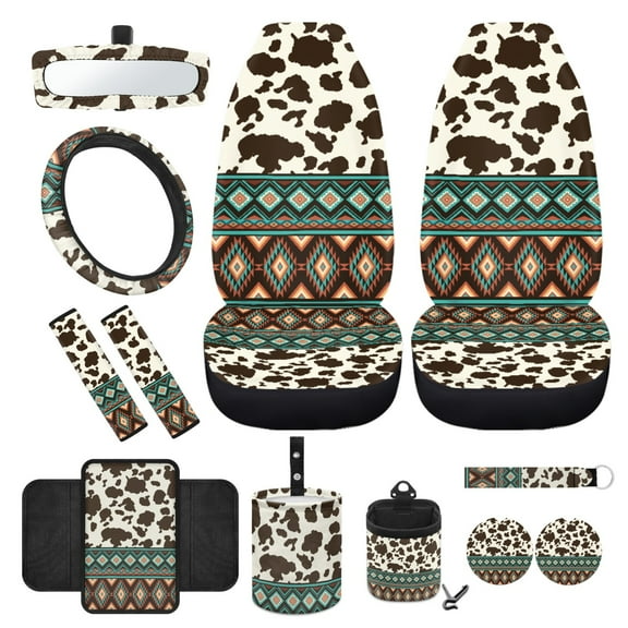 Yuyamidu Brown Cow Print Car Seat Cover Set with Steering Wheel Cover Aztec Seat Belt Pads Armrest Cover Garbage Can Aztec Air Vent Pouch Rearview Mirror Cover Coasters Keychain, 12 Pack