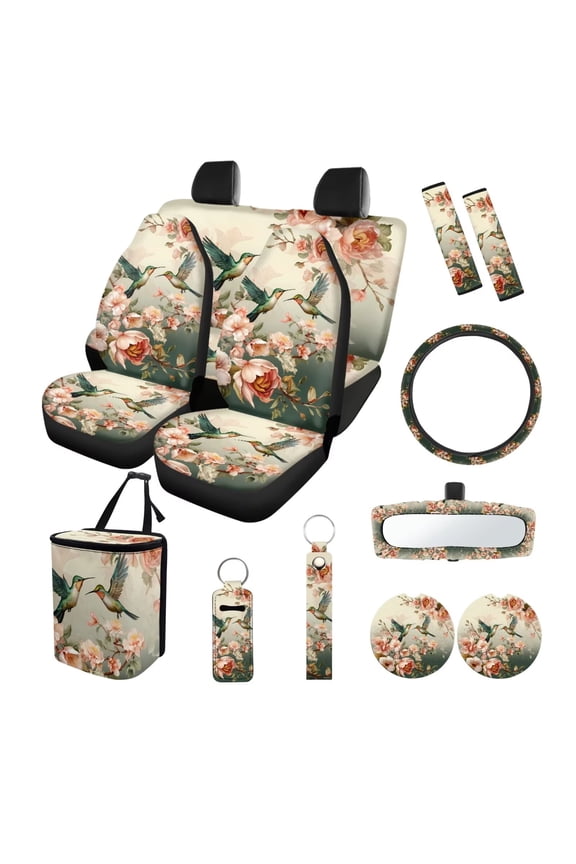 Hummingbird Car Seat Covers Set of 13 Car Seat Belt Pad Cover Steering Wheel Cover Trash Can Rear View Mirror Cover Cup Coasters Keychains Flowers Chapstick Holder Easy to Install