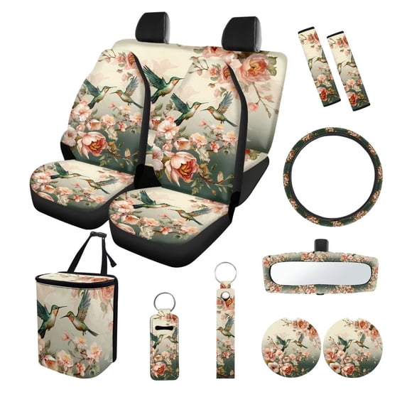 Yuyamidu Hummingbird Car Seat Covers Set of 13 Car Seat Belt Pad Cover Steering Wheel Cover Trash Can Rear View Mirror Cover Cup Coasters Keychains Flowers Chapstick Holder Easy to Install