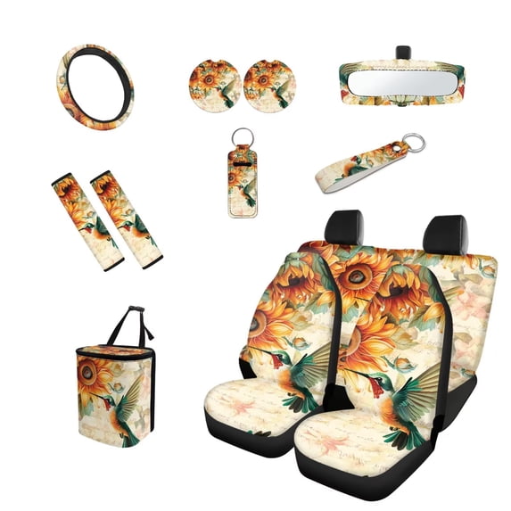 Yuyamidu Hummingbird Car Seat Covers Set of 13 Pcs Sunflowers Auto Steering Wheel Cover Seatbelt Pads Trash Can Rear View Mirror Cover Cup Coasters Keychain Auto Accessory Interior Decor