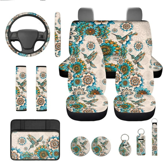 Yuyamidu Hummingbird Car Seat Covers Set with Steering Wheel Cover Dahlia Car Armrest Cover Seatbelt Shoulder Pad Coasters 13 PCS Auto Interier Accessories