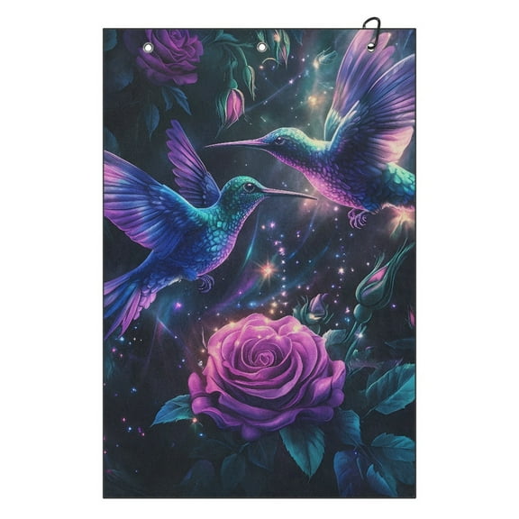 Yuyamidu Hummingbird Coral Fleece Golf Towel Purple Rose Golf Towels with Hook and Loop Fastener Convenient Golf Cleaning Towel