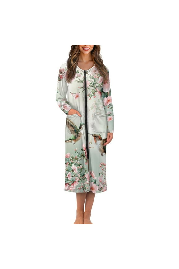 Hummingbird Flower Zipper Front Bathrobe for Women Sexy Long Sleeve Gowns Sleepwear Size 2XL Spa Robes Womens Pj Loungewear Lightweight Crewneck House Coats