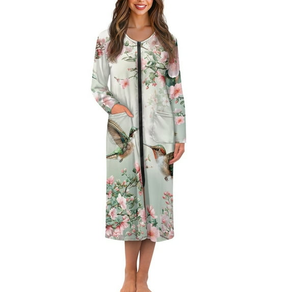 Yuyamidu Hummingbird Flower Zipper Front Bathrobe for Women Sexy Long Sleeve Gowns Sleepwear Size XL Spa Robes Womens Pj Loungewear Lightweight Crewneck House Coats