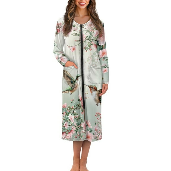 Yuyamidu Hummingbird Flower Zipper Front Bathrobe for Women Sexy Long Sleeve Gowns Sleepwear Size XL Spa Robes Womens Pj Loungewear Lightweight Crewneck House Coats