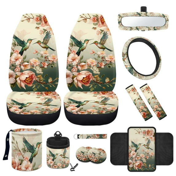 Yuyamidu Hummingbird Front Car Seat Covers Full Set of 12 Flower Steering Wheel Cover Seat Belt Pad Armrest Box Mat Trash Bin Rear View Mirror Cover Coasters Keychain Air Vent Pouch, Universal Fit