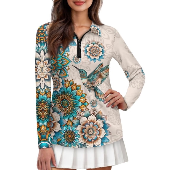 Yuyamidu Hummingbird Golf Shirts for Women Long Sleeve Zip Up V-Neck Golf Tennis Shirt Boho Flowers Workout Pullover Tops Athletic Outfits Size 2XL