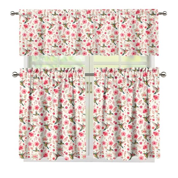 Yuyamidu Hummingbird Kitchen Curtain Valance and Tiers 3 Panel Sets Polyester Privacy Panel Window Treatment for Living Room Bedroom Energy Saving Window Treatment Tiers Home Decor
