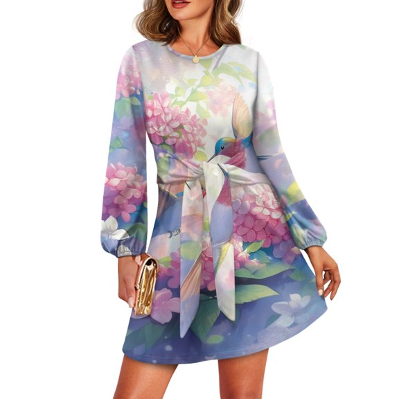 Yuyamidu Hummingbird Long Sleeve Dress Fit and Flare Flower Dresses for Women Casual A-Line Tummy Control Dress Size XL Aesthetic Flowy Swing Dresses Homecoming Dresses