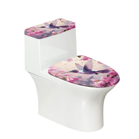 Yuyamidu Hummingbird Toilet Dust Cover Set of 2 Floral Toilet Seat Covers Reusable Tank Lid Cover Toilet Tank Cover with Anti-Slip Elastic Edge for Toilet, Pink