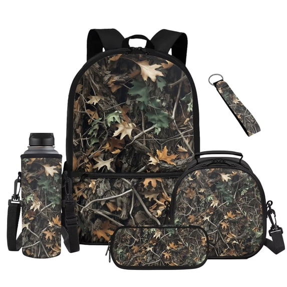 Yuyamidu Hunting Camo Backpack Set with Lunch Box, Water Bottle Pouch, Pencil Case & Keychain, 17 Inch Lightweight Sturdy School Bookbag Set for Kids 8-12, 3rd-6th Grade, Back to School Supplies