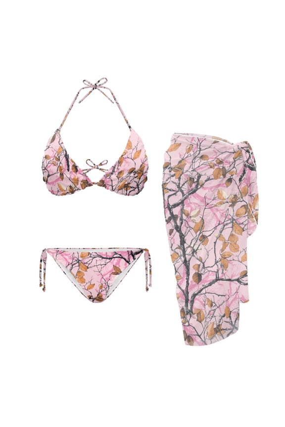 Hunting Camo Women's 3 Piece Thong Bikini Set Pink Wood Swimsuit Swimwear Triangle Halter Bathing Suit with Cover Up Skirt Long Sheer Cover Up