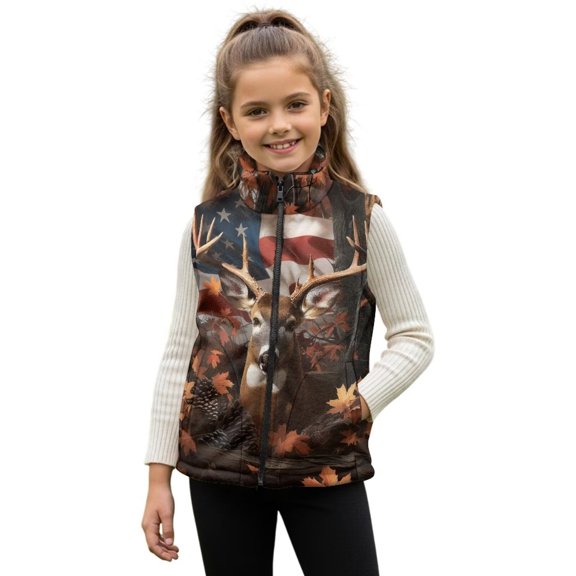 Yuyamidu Hunting Deer American Flag Vest for Girls Boys 11-12 Fuzzy Fleece Zip Up Sleeveless Jacket with Pockets Lightweight Warm Waistcoat Winter Outerwear