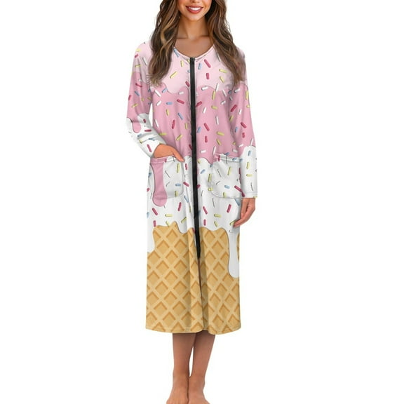 Yuyamidu Ice Cream Long Sleeve Robe for Women After Shower Cute Pink Crewneck Bathrobe Nightgown Sexy Long Dressing Gown Soft Zipper Front Robes Lounge Wear Size S