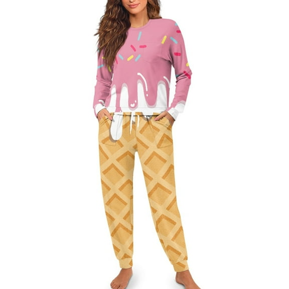 Yuyamidu Ice Cream Nightwear for Women Pajama Tee Pants Matching Set of 2 Trendy Long Sleeve Loungewear Size M Fall Winter Sleep Sets for Jogger Walking Yoga