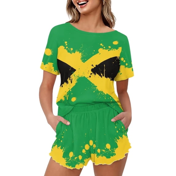 Yuyamidu Jamaica Flag Women's Summer Sleep Pajamas Cooling Short Sleeve O-Neck Top & Lightweight Lounge Shorts Casual Homewear, Green