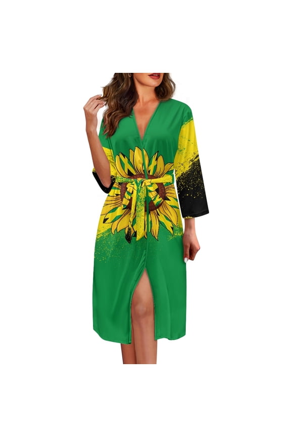 Jamaican Flag Mid Length Bathrobe for Women Towel Robe with Waist Belt Sunflower 3/4 Sleeve Robes Size 2XL Female Sleepwear Ladies Loungewear Long Elegant Night Robes