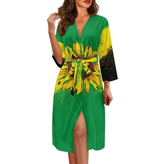 Yuyamidu Jamaican Flag Mid Length Bathrobe for Women Towel Robe with Waist Belt Sunflower 3/4 Sleeve Robes Size L Female Sleepwear Ladies Loungewear Long Elegant Night Robes