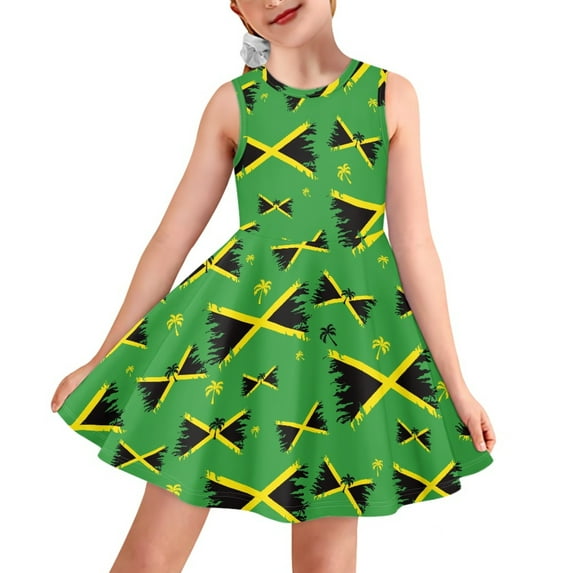 Yuyamidu Jamaican Flag Sleeveless Sundress for Girls 9-10 Years Old Coconut Tree A Line Skater Dresses for Teens Casual Midi Dress for School Party Kids Tank Dress