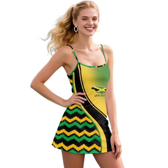 Yuyamidu Jamaican Flag Tennis Dresses for Women Size 2XL Stylish Athletic Dress with Shorts Soft Spaghetti Straps Workout Dress Summer Golf Outfits
