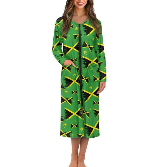 Yuyamidu Jamaican Flag Womens Bath Robes with Zippers Fashion Long Sleeve Robe for Women Plus Size L Lightweight Nightgowns Housecoat Soft Crew Neck Long Bathrobe with Pockets