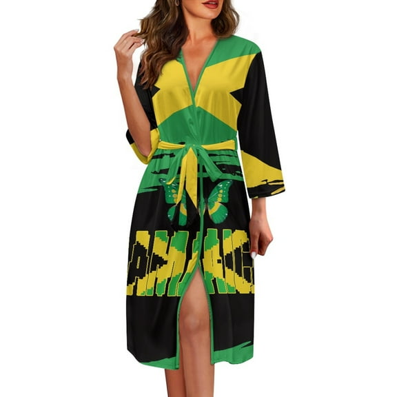 Yuyamidu Jamaican Flag Womens Robes Lightweight 3/4 Sleeves Bathrobe Butterfly Long Sleepwear Women's Mid-Length Robe Nightgown Wedding Party Kimono Robes Size M