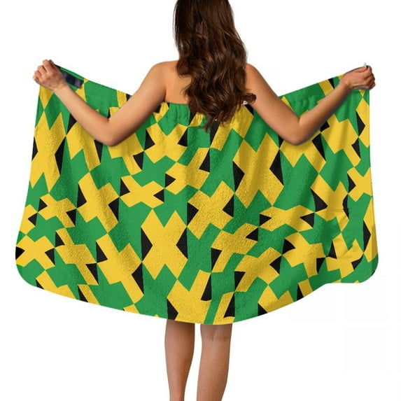 Yuyamidu Jamaican Flag Wrap Towel for Women Absorbent Bath Wrap Soft Knee Length Bath Towels for Adults Comfy Spa Beach Pool Towels Wrap Terry Cloth Wrap Robe Size XL