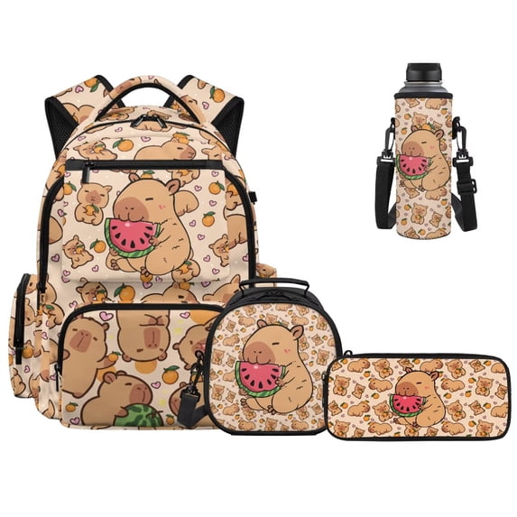 Yuyamidu Kawaii Capybara 17 Inch Kids School Bag Set, 4 Piece Flap Backpack with Lunch Bag, Pencil Case and Water Bottle Holder, Lightweight Multi-Pocket Backpack for Back to School Season