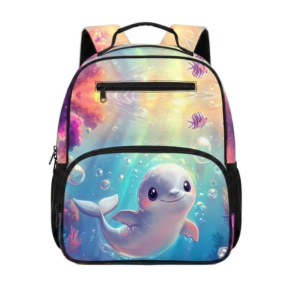 Yuyamidu Kawaii Dolphin Preschool Backpack for Boys Girls, 13.5 Inch School Backpack with Padded Shoulder Straps and Spacious Multi Pockets