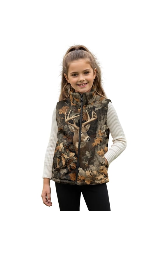 Kids Deer Hunting Camo Vest for Girls Boys 7-8 Fuzzy Fleece Zip Up Collar Jacket Vest with Pockets Lightweight Warm Waistcoat Outerwear for Outdoor School
