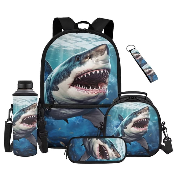 Yuyamidu Kids Shark Backpack for School Boys 8-12 with Lunch Box, Water Bottle Sleeve, Pencil Case, Keychain, 5-Piece 17 Inch Lightweight Sturdy Bookbag Set for 3rd-6th Grade, Back to School