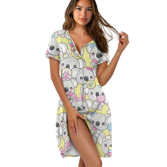 Yuyamidu Koala Printed Nightgown for Women Button Down Pajama Dress Short Sleeve Nightshirt Crew Neck Soft Sleepwear Cute Ladies Housecoat