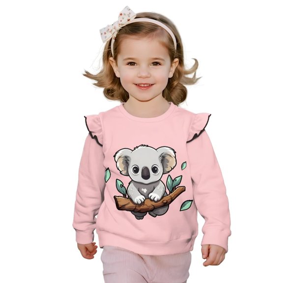 Yuyamidu Koala Sweatshirt Size 7-8 Girls Pink Long Sleeve Crewneck Sweatshirt Comfy Lightweight Ruffle Shoulder Pullover Tops for School Outdoor Everyday Clothes for Fall
