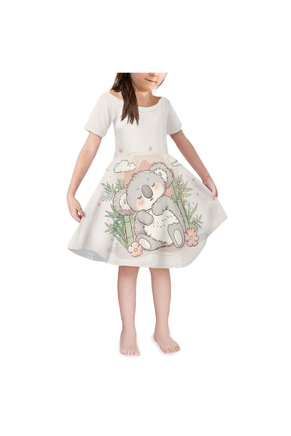 Koala Twirl Dress for Kids Girls 7-8 Years Softness Short Sleeve High Waistline Swing Dress Personalized Summer T-Shirt Dress for Dating Party Wedding