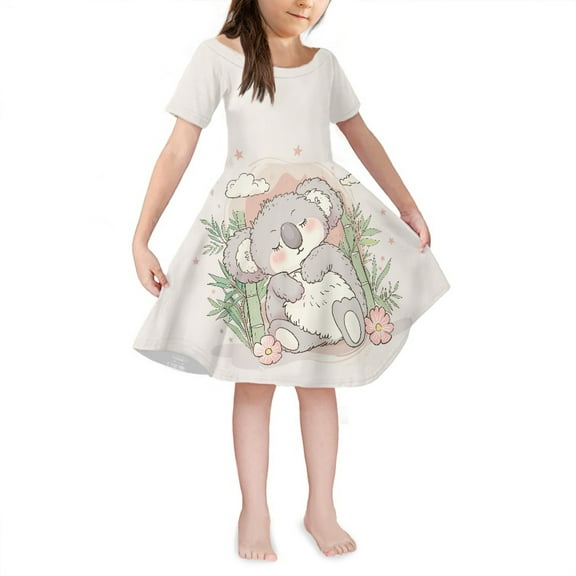 Yuyamidu Koala Twirl Dress for Kids Girls 9-10 Years Softness Short Sleeve High Waistline Swing Dress Personalized Summer T-Shirt Dress for Dating Party Wedding