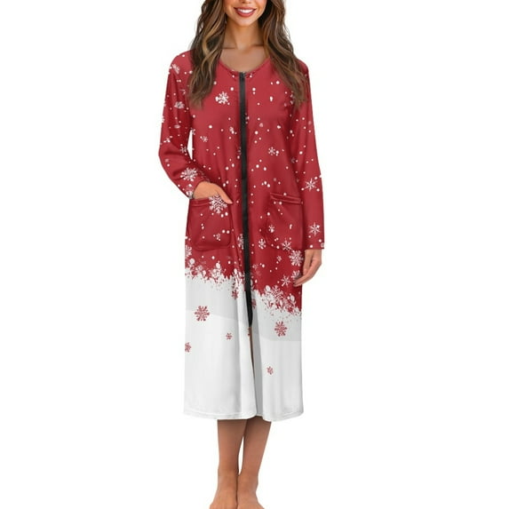 Yuyamidu Ladies Christmas Robes with Zipper Front Bathrobe Snowflake Long Sleeve Pajama House Coat Red Skeepwear Loose Long Sleeves Crewneck Pj Dress Size L