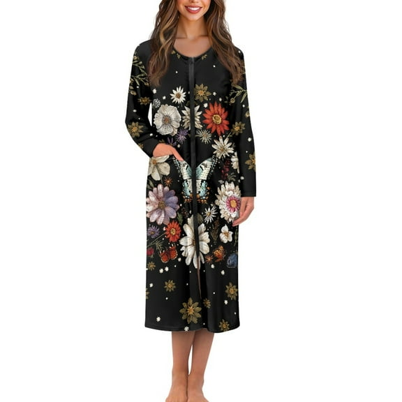Yuyamidu Ladies Lightweight Full Zip Long Sleeve Bathrobes Butterfly Crew Neck Robes Flower Long Sleeve Bathrobe Breathable Mid-Length Spa Robe Lightweight Long Housecoat Size 3XL