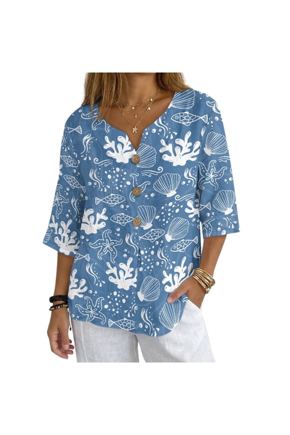 Ladies Linen Shirts 3/4 Sleeve Flowy Button Down Linen Blouse Casual Lightweight Tunic Blouse Trendy Work Outfits, Ocean Shell, Size 3XL