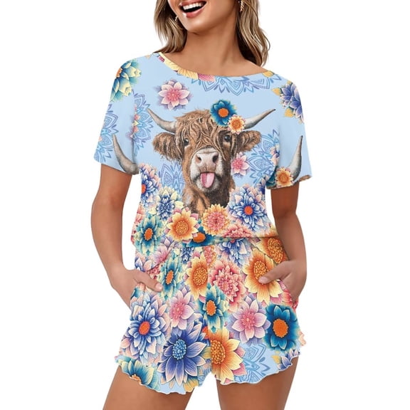 Yuyamidu Ladies Nightwear Summer Pajama Set Highland Cow Flower Short Sleeve Round Neck Sleepwear with Shorts, Soft & Lightweight Pjs Two Piece