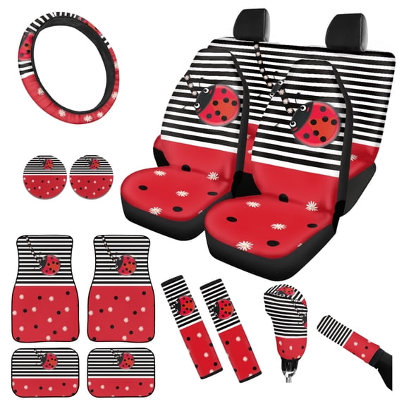 Yuyamidu Ladybug Car Seat Covers Front Rear Full Set Cute Car Floor Mats Steering Wheel Cover Seat Belt Pads Coasters Handbrake Cover Set, 15 PCS