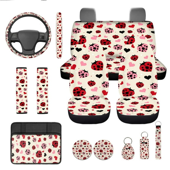Yuyamidu Ladybug Car Seat Covers Full Set of 13 Heart Steering Wheel Cover Center Console Pad Seatbelt Pad Cup Holders Keychain Lipstick Holder Universal Auto Accessories