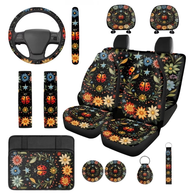 Yuyamidu Ladybug Car Seat Covers Set 14 Pcs Flower Steering Wheel Cover Seat Belt Pads Armrest Cover Headrest Covers Coasters Key Chain
