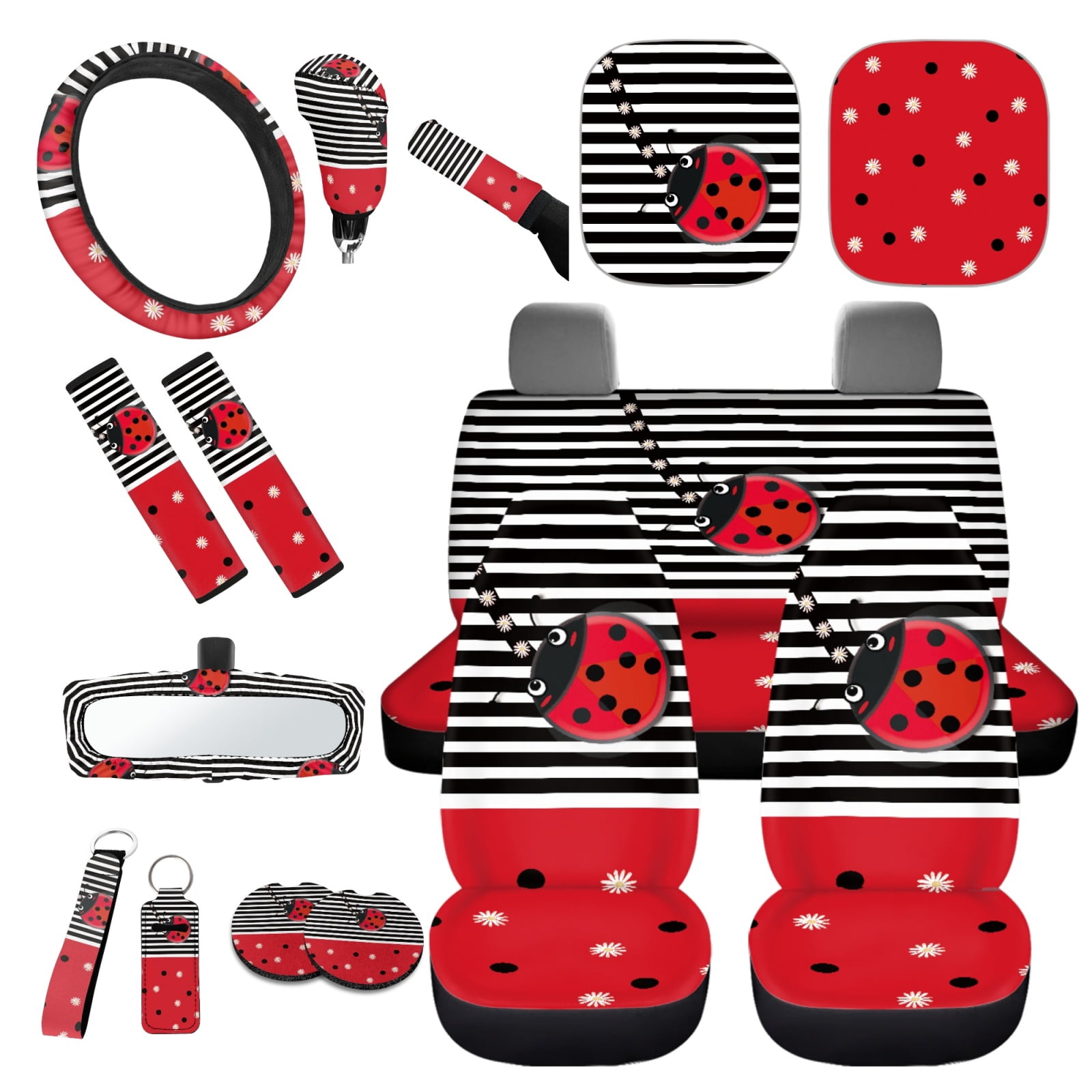 Yuyamidu Ladybug Car Seat Covers Set of 16 Cute Steering Wheel Cover Seat Belt Covers Handbrake Gear Shift Knob Cover Rear View Mirror Cover Cup Mat Keychain Sunshade for Car SUV Truck