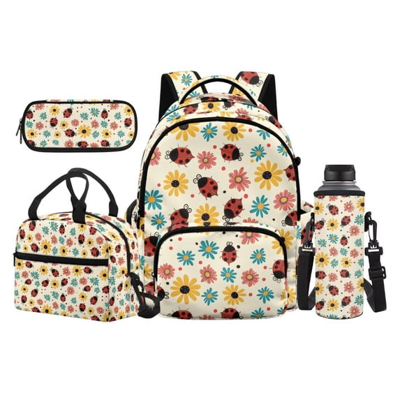 Yuyamidu Ladybug Floral 17 Inch Kids Backpack Set 4Pcs for Elementary Middle High Students Girls School Bookbag with Lunch Box Pencil Case Water Bottle Bag Back to School Daypack