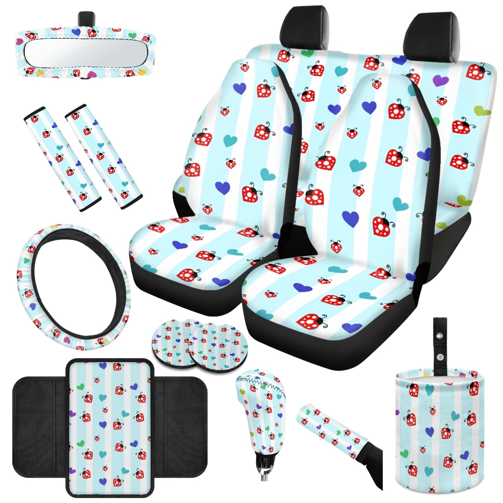 Yuyamidu Ladybug Front Rear Car Seat Covers Full Set of 14 Blue Stripes Steering Wheel Cover Seat Belt Pads Coasters Waste Bin Armrest Cover Cup Holders Rearview Mirror Cover Handbrake Cover Set