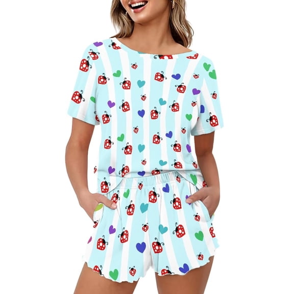 Yuyamidu Ladybug Heart Womens 2 Piece Pajama Set Short Sleeve Top with Shorts Sleepwear Round Neck Soft Loose-Fit Lounge Sets Nightwewar