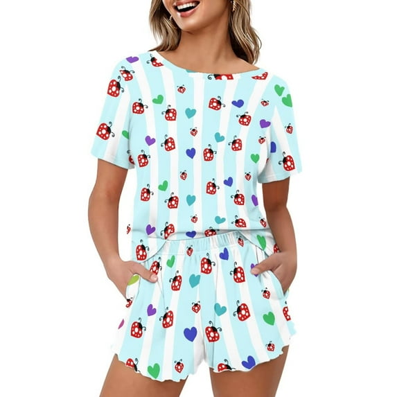 Yuyamidu Ladybug Heart Womens 2 Piece Pajama Set Short Sleeve Top with Shorts Sleepwear Round Neck Soft Loose-Fit Lounge Sets Nightwewar