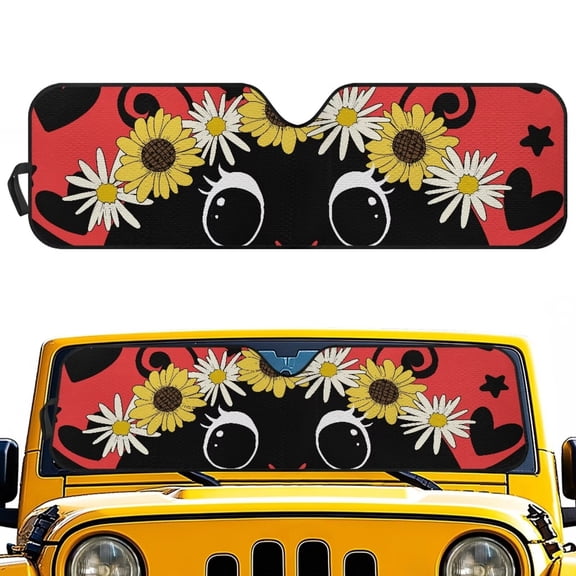 Yuyamidu Ladybug Windshield Sunshade Sunflowers Daisy Car Sun Shade Heat Shield Sun Visor Compatible with Jeep Wrangler Rubicon Sahara TJ JK JKU 2 Door & 4 Door