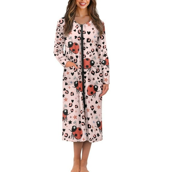 Yuyamidu Ladybug Womens Robes Lightweight Zipper Front Bathrobe Pink Leopard Print Long Sleeve Gowns for Dresses, Robe, Gowns Maple Leaves Nightgown Housecoat Size 3XL